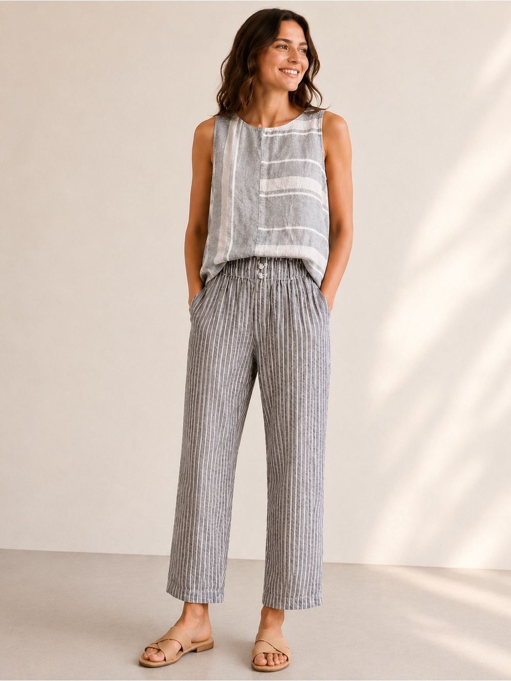 Ellen Tracy & Briggs 2pc Outfit Linen Striped Top and Pants, size Medium